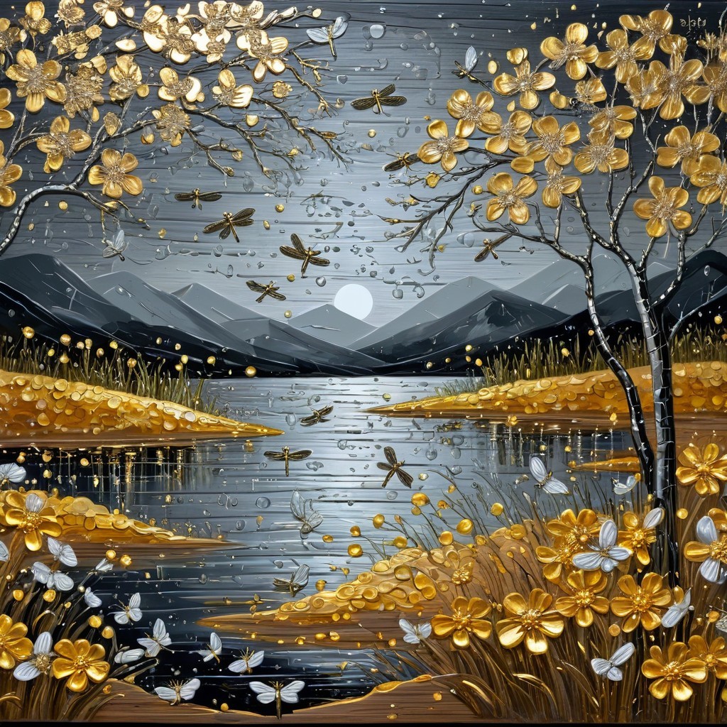 Intricate Outdoor Scene with Full Moon and Lake