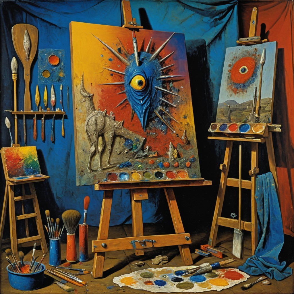 Artist's studio with vibrant surreal canvases and tools