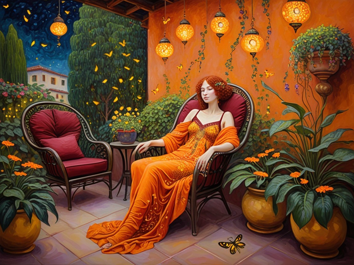 Serene Outdoor Scene with Woman in Orange Gown