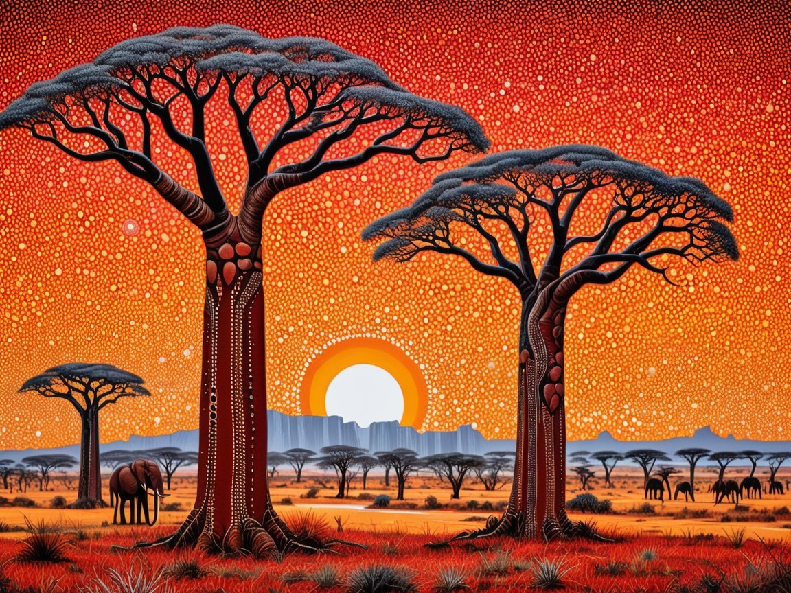 Sunset Over African Landscape with Baobab Trees and Elephants