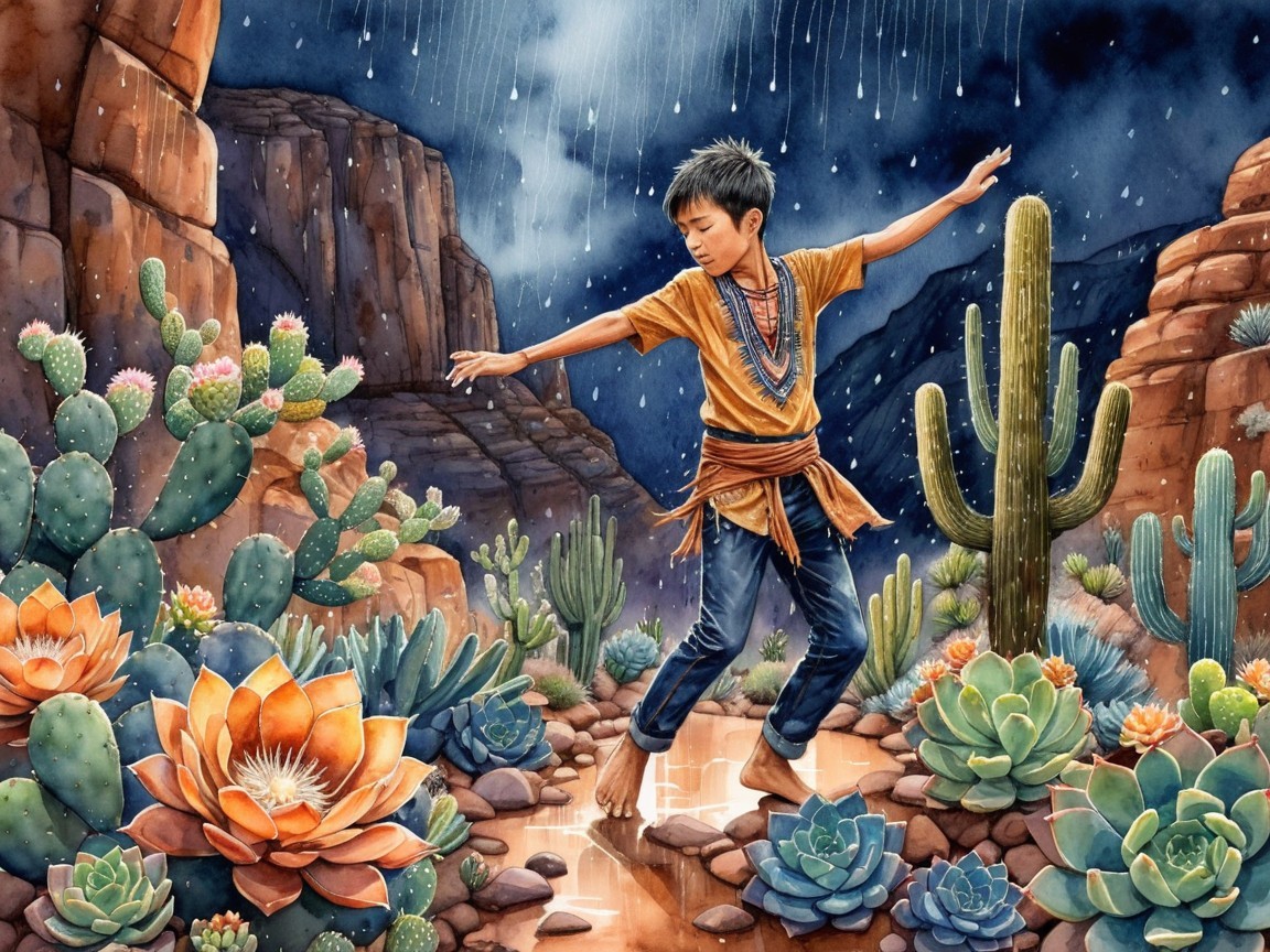 Young Boy Balancing on Stones in Desert Landscape