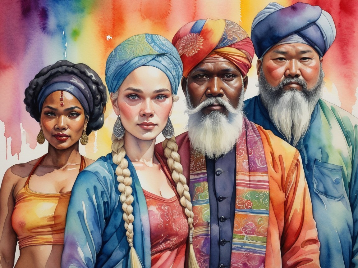 Vibrant Watercolor Depiction of Diverse Unity