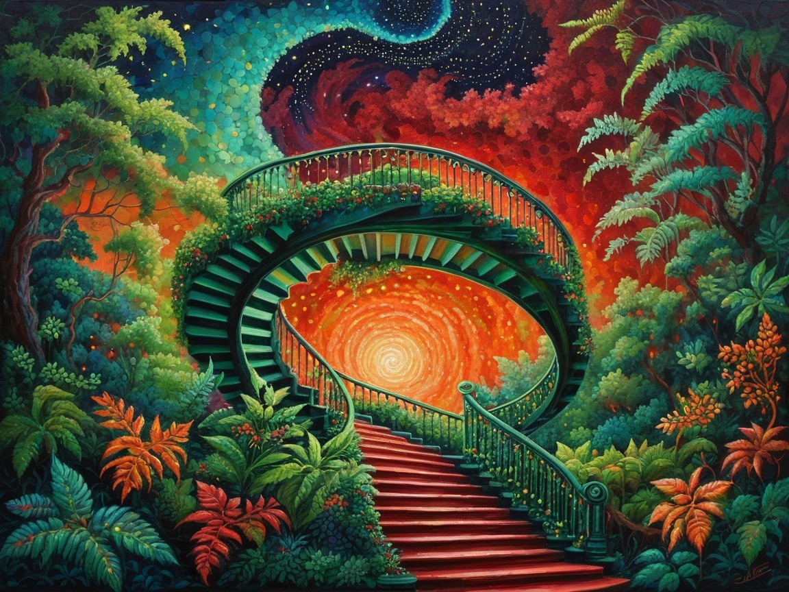 Surreal Grand Staircase with Vibrant Nature and Vortex