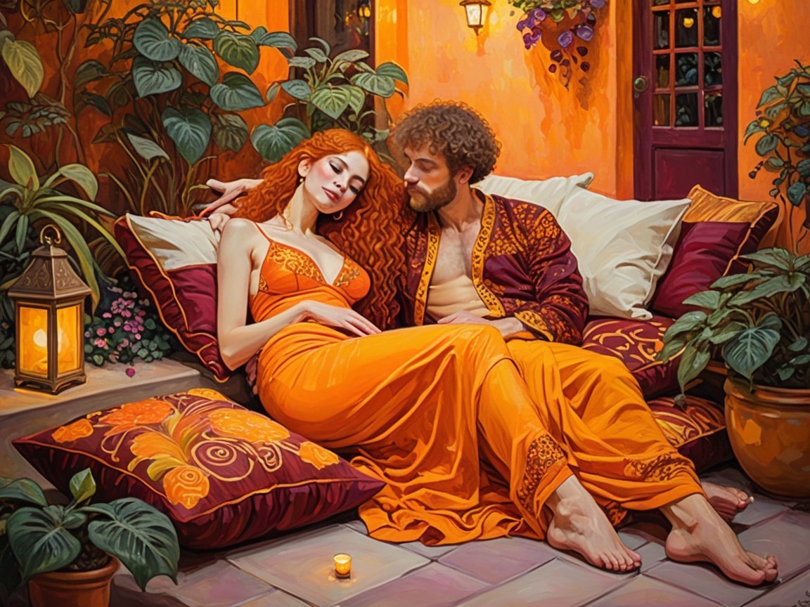Couple Relaxing in a Warm-Toned Romantic Setting