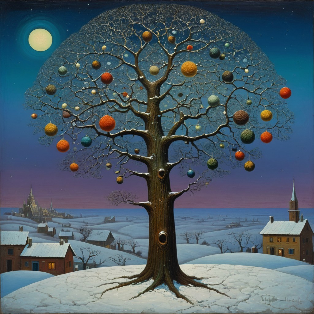 Surreal Winter Landscape with Ornaments and Moonlight