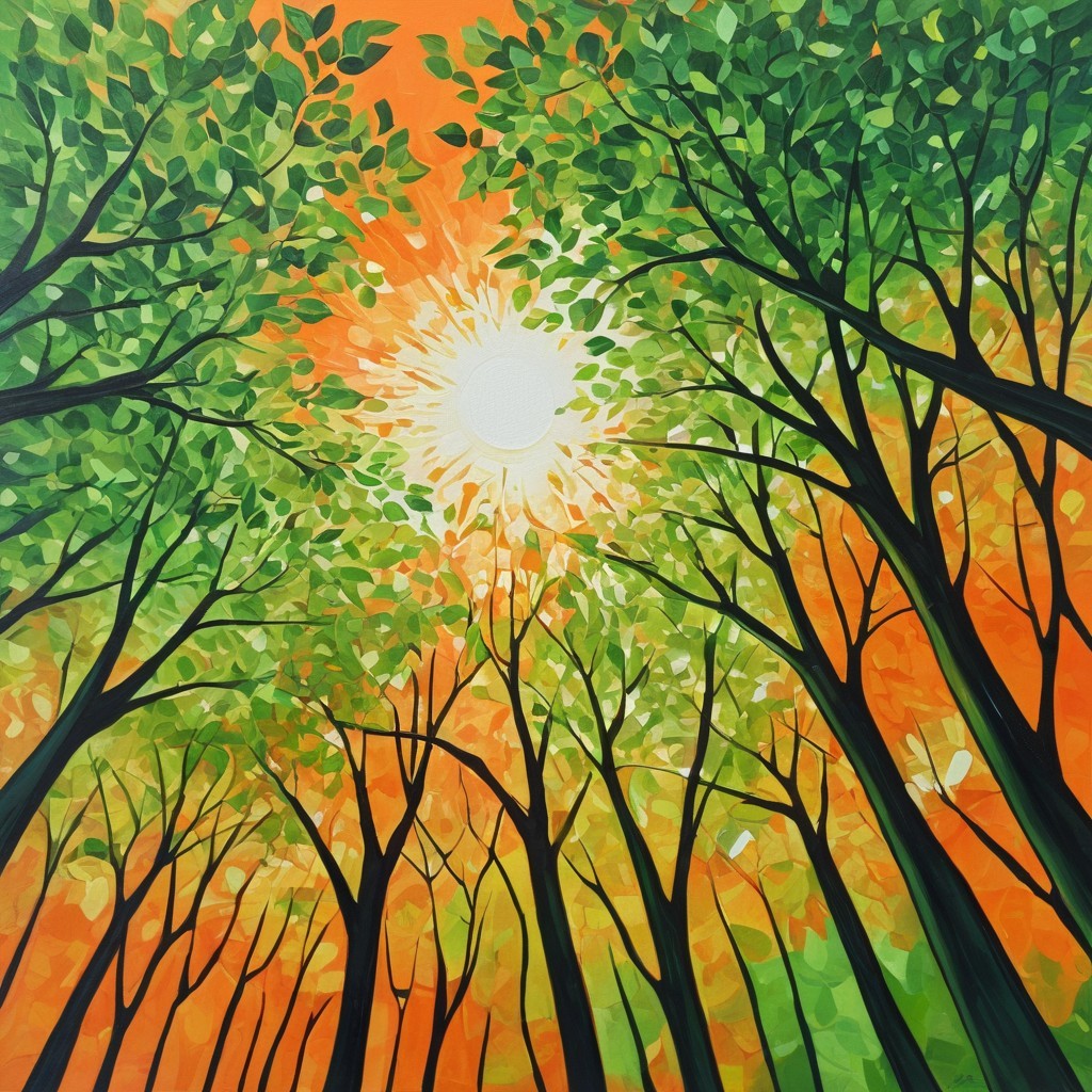 Abstract Forest View with Tall Trees and Sunlight
