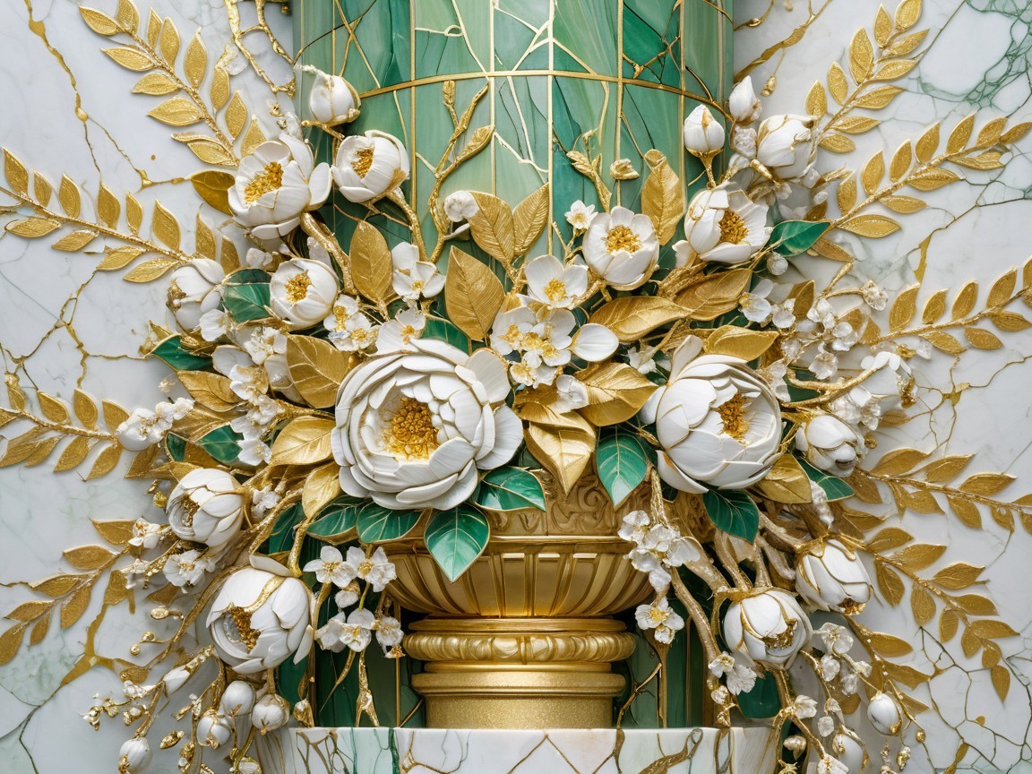 Ornate Floral Arrangement with White Peonies and Gold Leaves