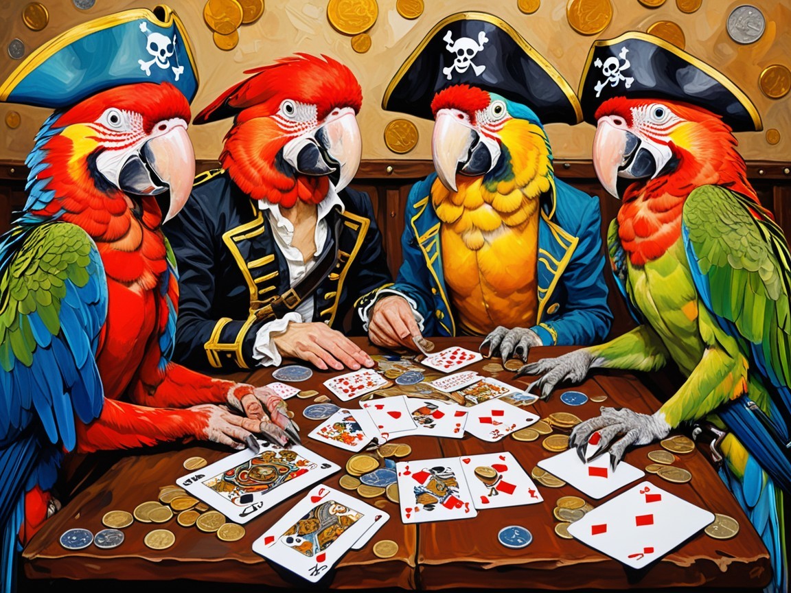 Colorful Parrots Dressed as Pirates Playing Cards