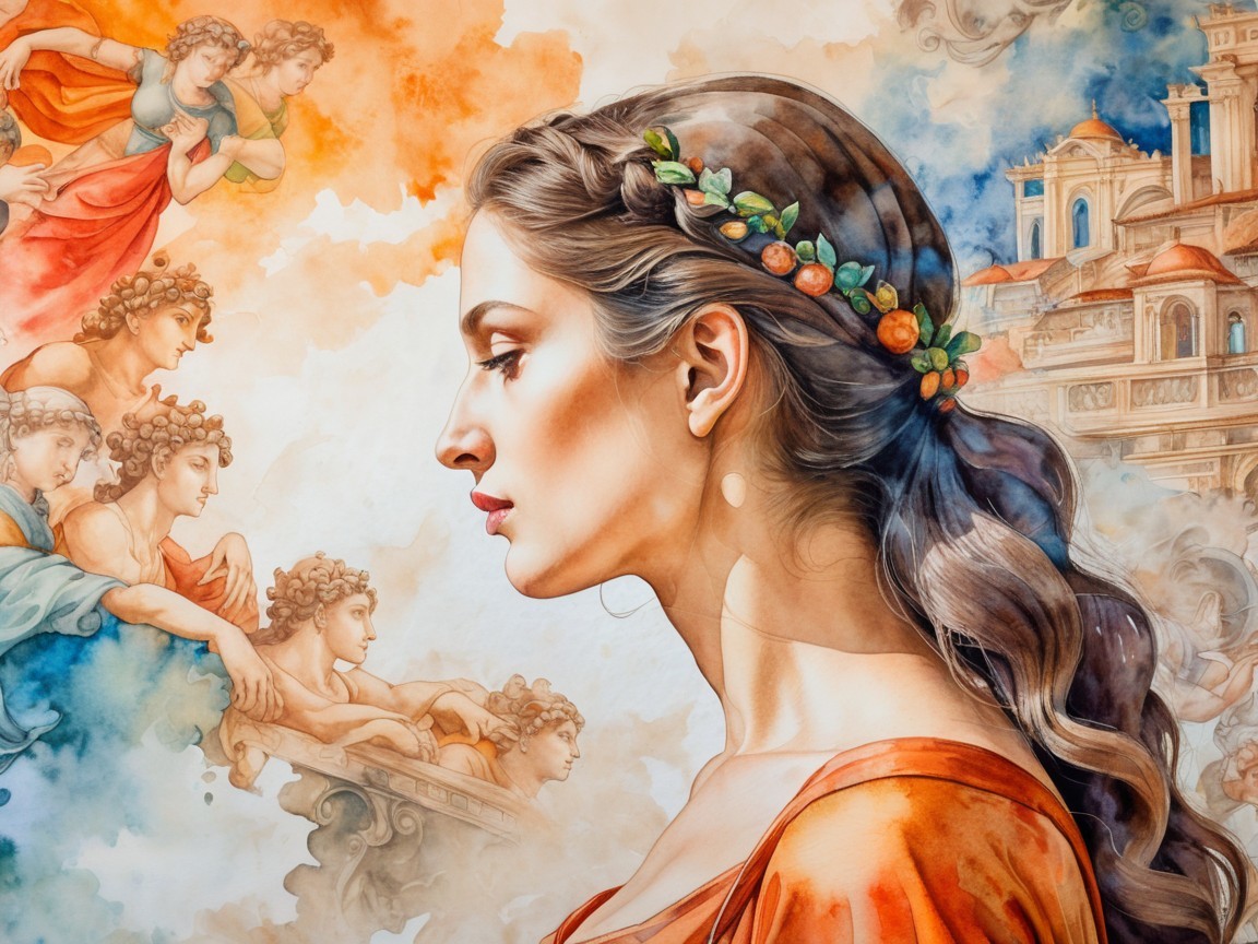 Profile of a Woman with Floral Crown and Ethereal Figures