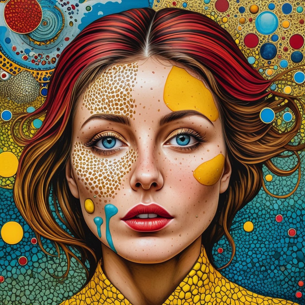 Woman with Blue Eyes and Red Hair in Abstract Art
