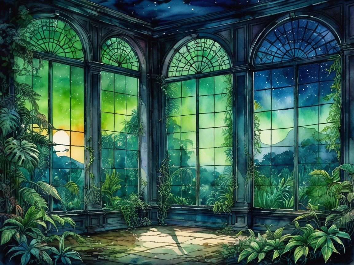 Serene Glass Conservatory with Lush Greenery and Sunset