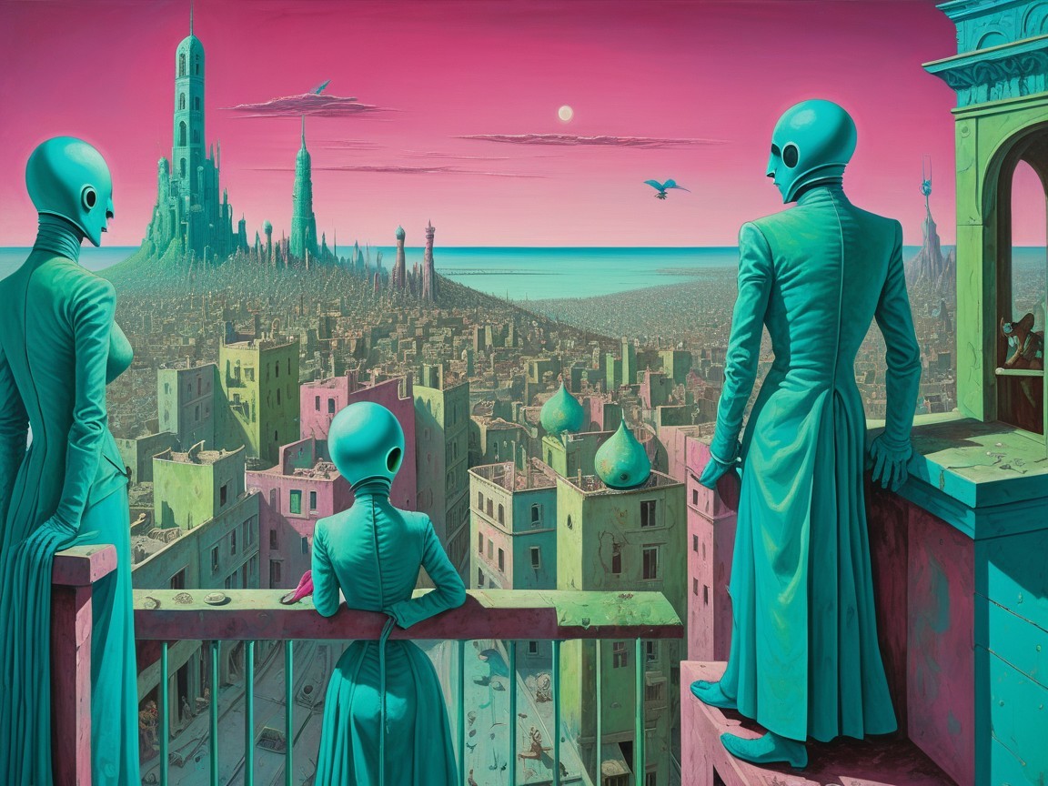 Surreal Landscape with Extraterrestrial Figures and City
