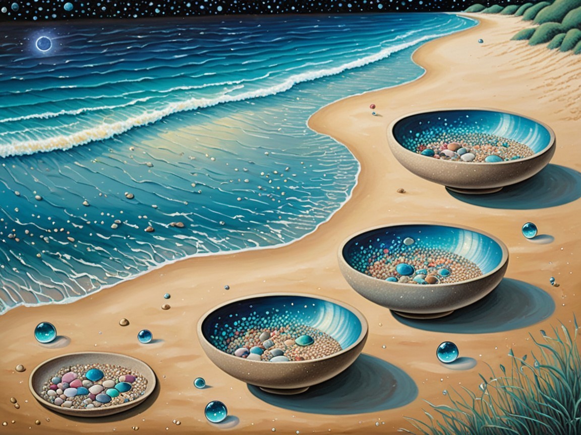 Serene Night Beach with Starry Sky and Decorated Bowls