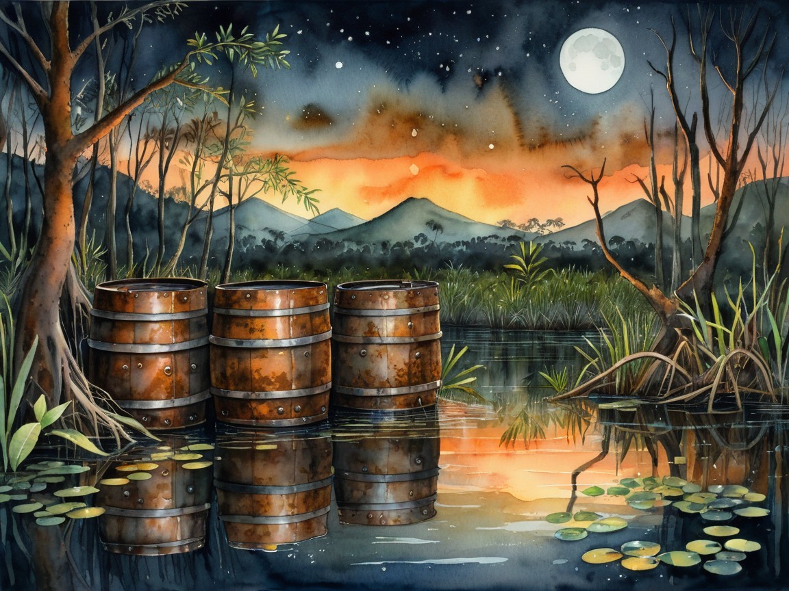 Tranquil Wetland Scene at Twilight with Barrels