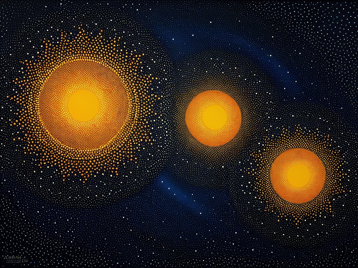 Three Suns in Cosmic Background with Star Patterns
