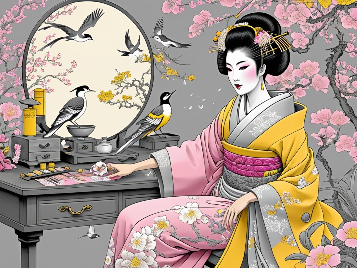 Japanese woman in vibrant kimono arranging petals