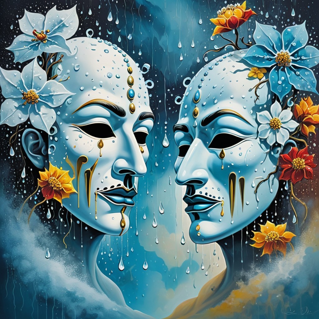 Stylized Mask Faces with Floral Accents and Emotion