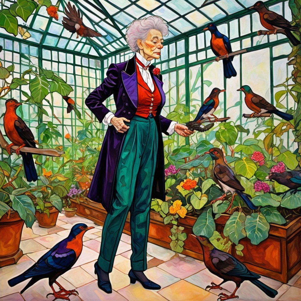 Elderly Woman in Vibrant Greenhouse Surrounded by Nature