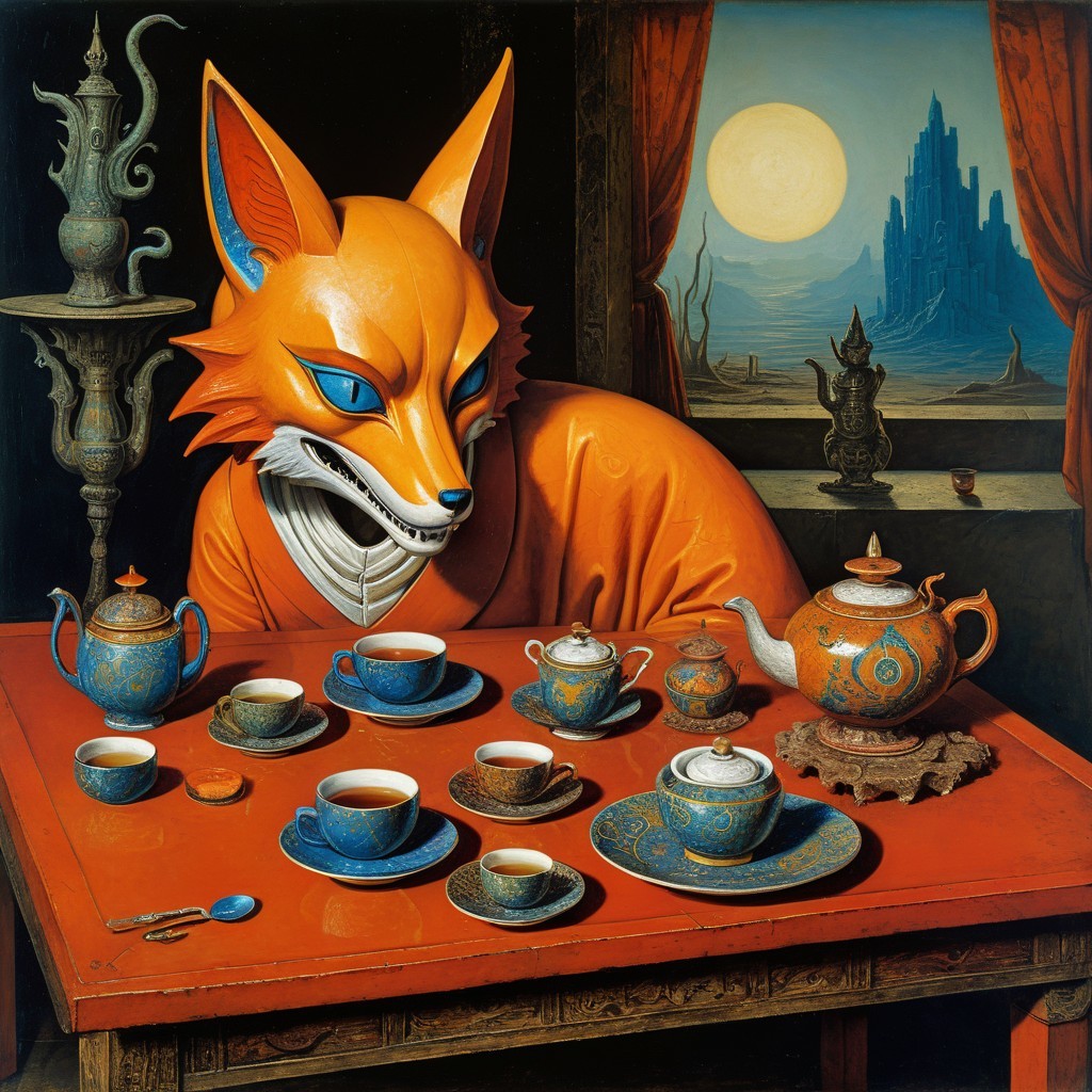 Anthropomorphic fox at a lavish tea table setting