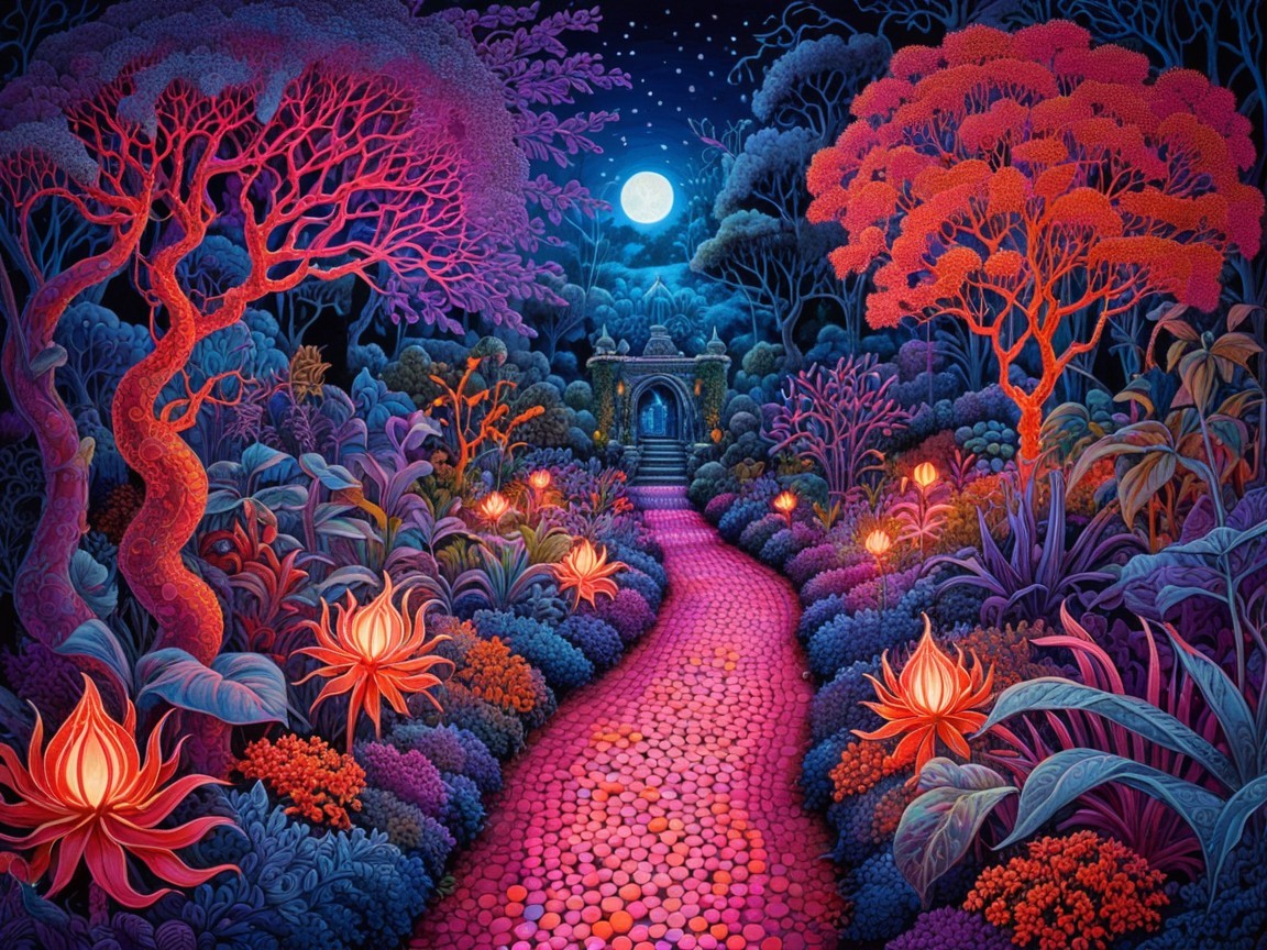 Surreal Garden Pathway with Glowing Flowers and Trees