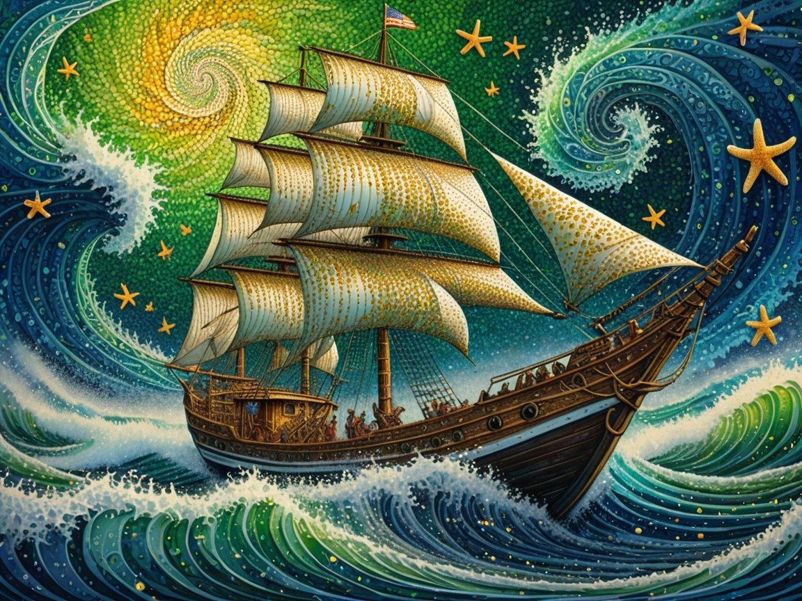 Majestic Sailing Ship Amidst Starry Sky and Waves