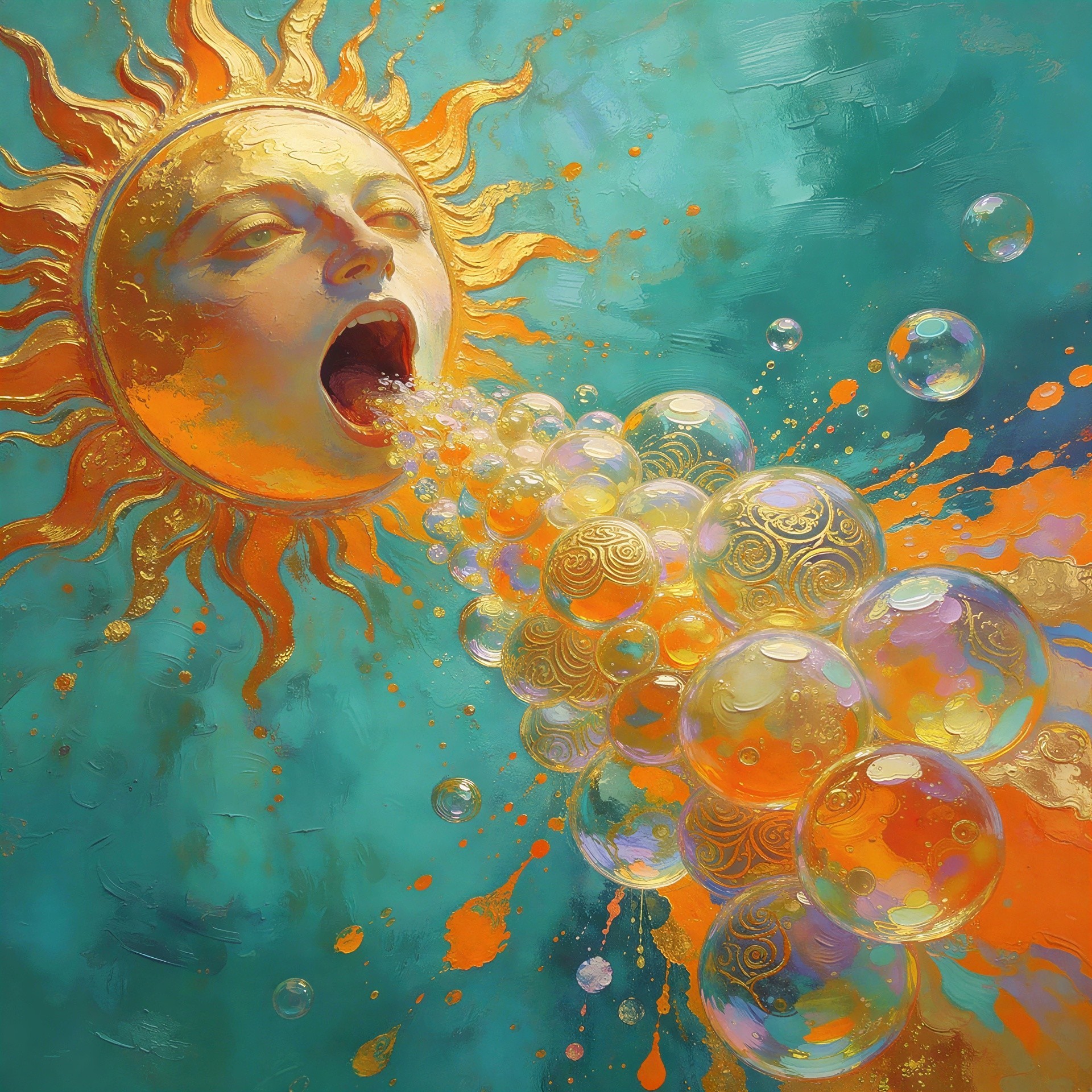 Detailed Artwork of a Screaming Stylized Sun with Bubbles