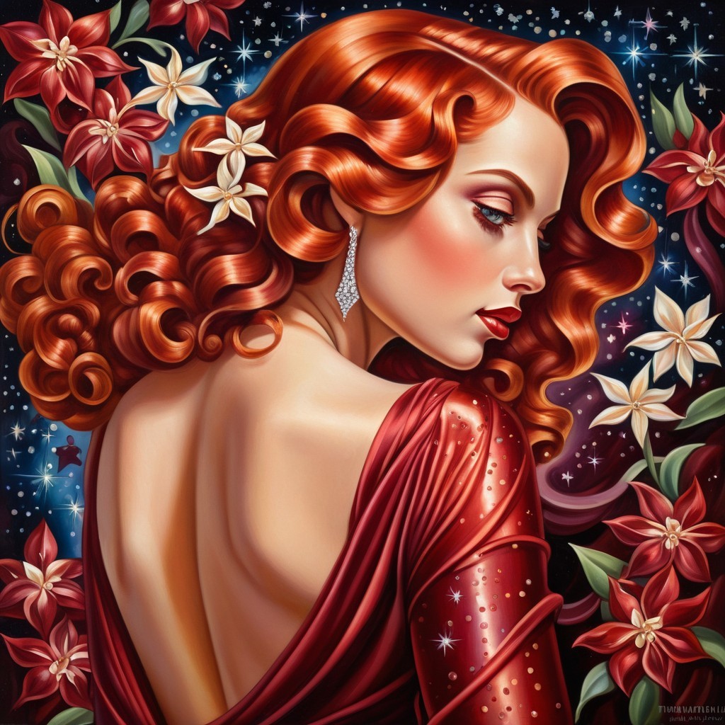 Striking Woman in Red Dress Amidst Floral Background