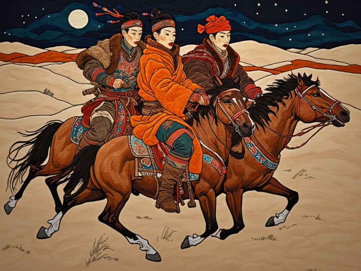 Riders in Vibrant Attire Gallop Through Desert Landscape