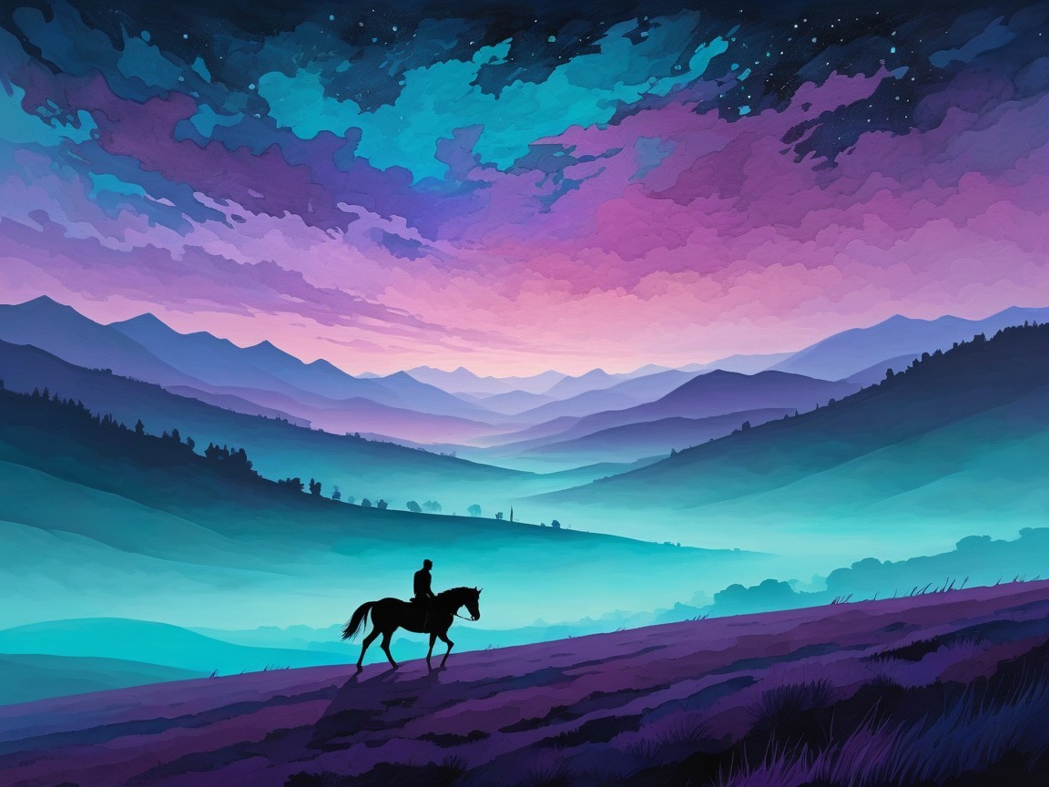 Serene Dusk Landscape with Horseback Rider and Hills
