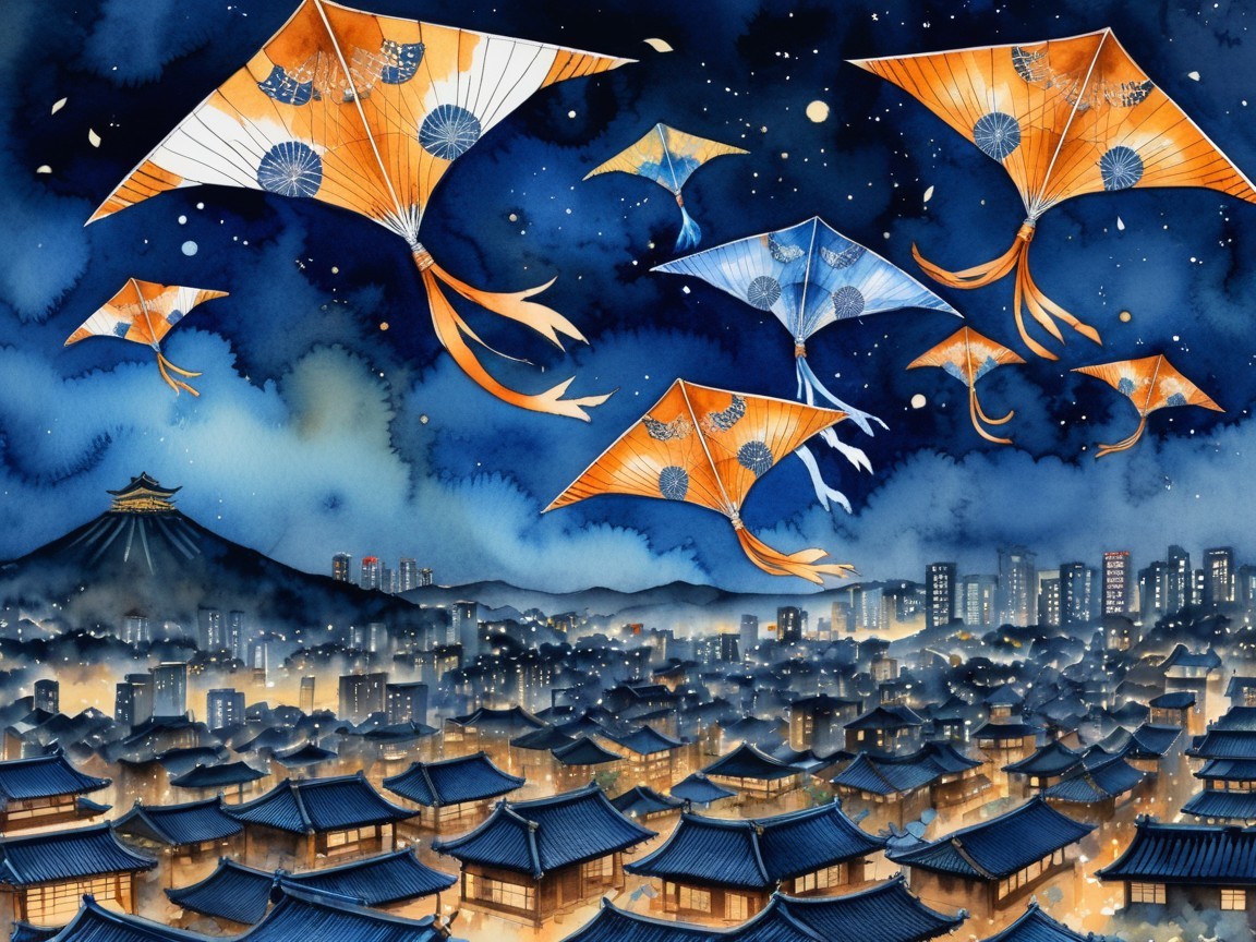 Nighttime Cityscape with Colorful Kites and Mountains
