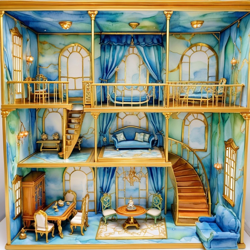 Elegant Dollhouse with Blue and Gold Interiors
