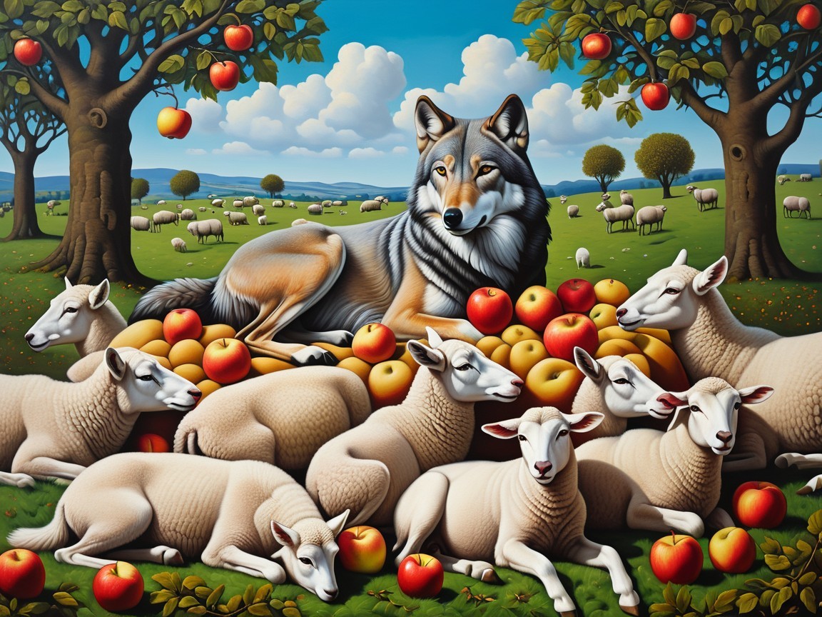 Wolf Among Sheep in Vibrant Pastoral Landscape