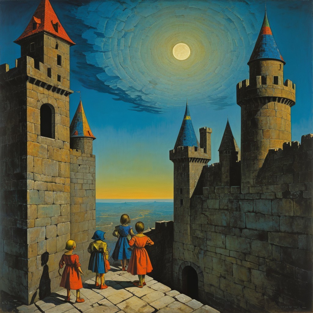 Vibrant Castle Landscape Under Luminous Moonlight