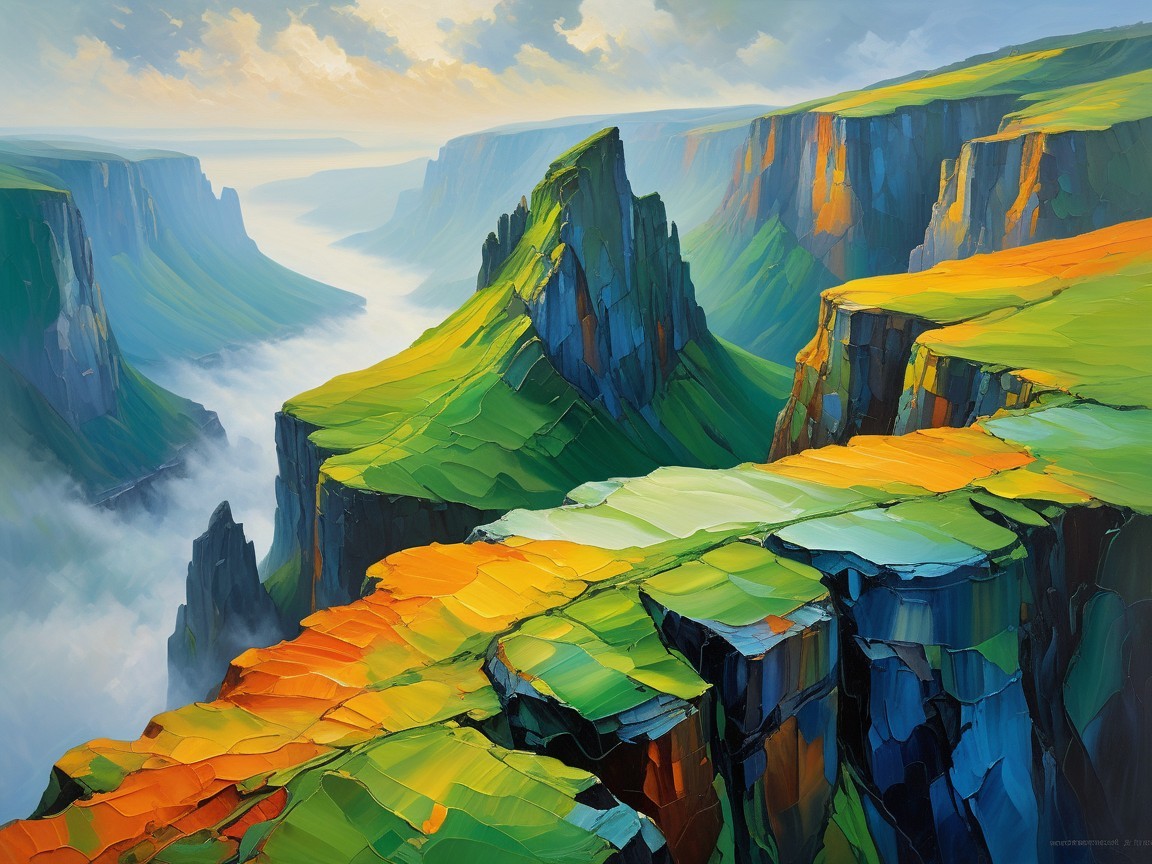 Vibrant Landscape with Green Cliffs and Misty River
