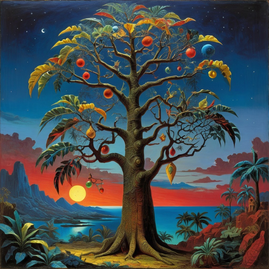 Surreal Landscape with Towering Tree and Sunset Sky