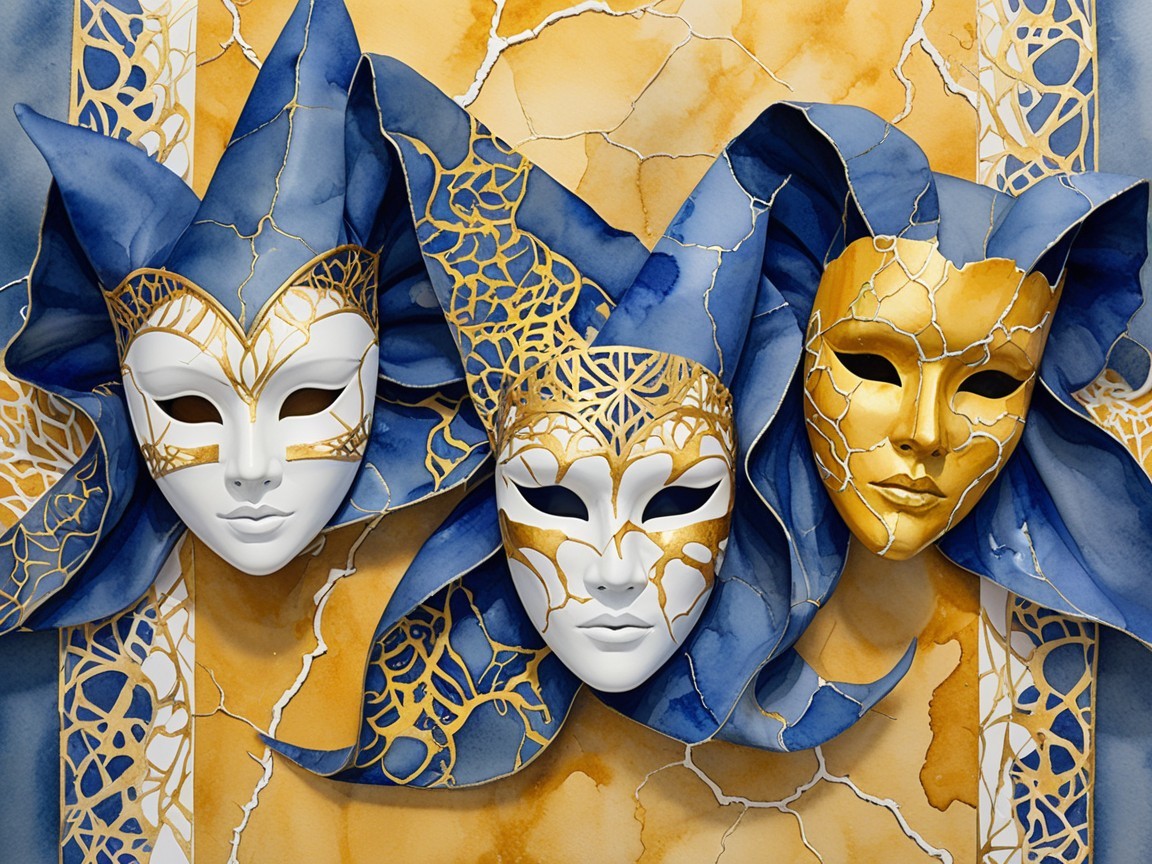 Intricate White and Gold Masquerade Masks Display