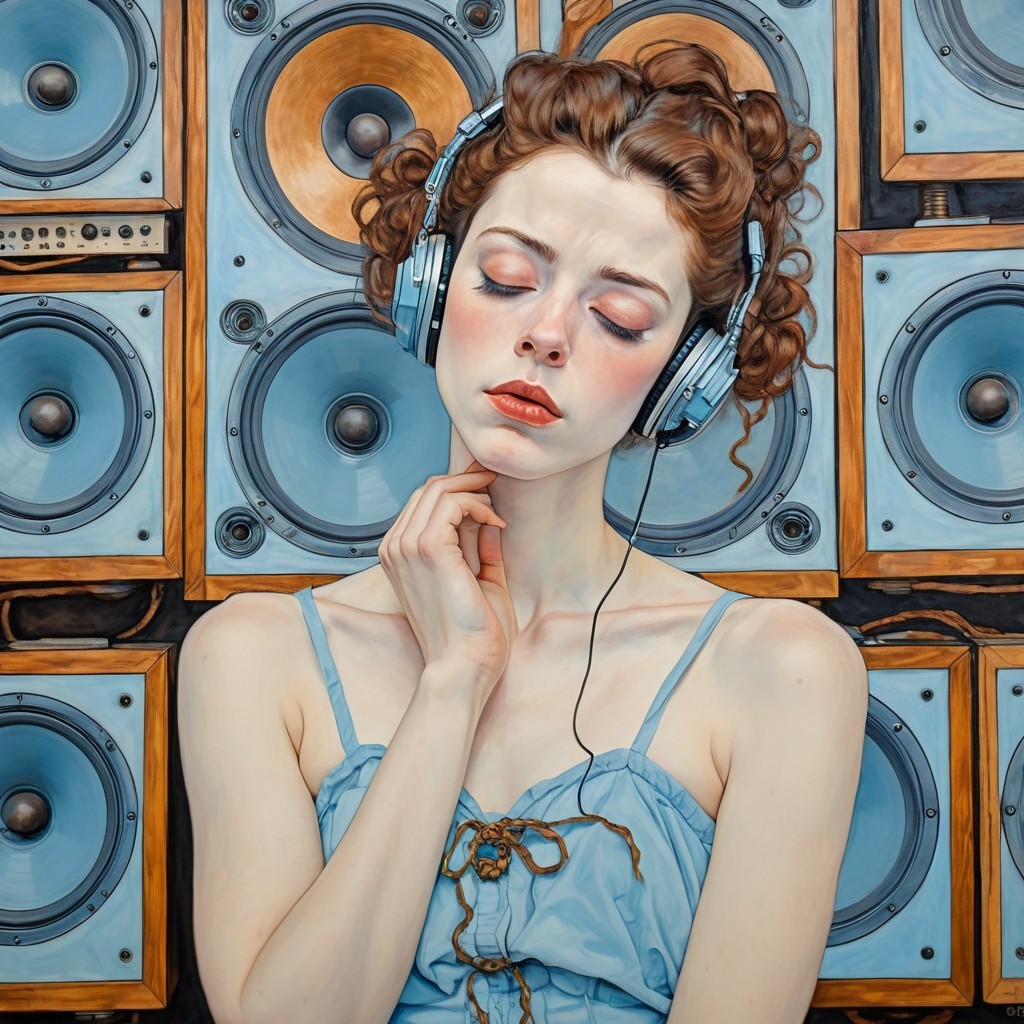 Young Woman with Headphones and Vintage Speakers