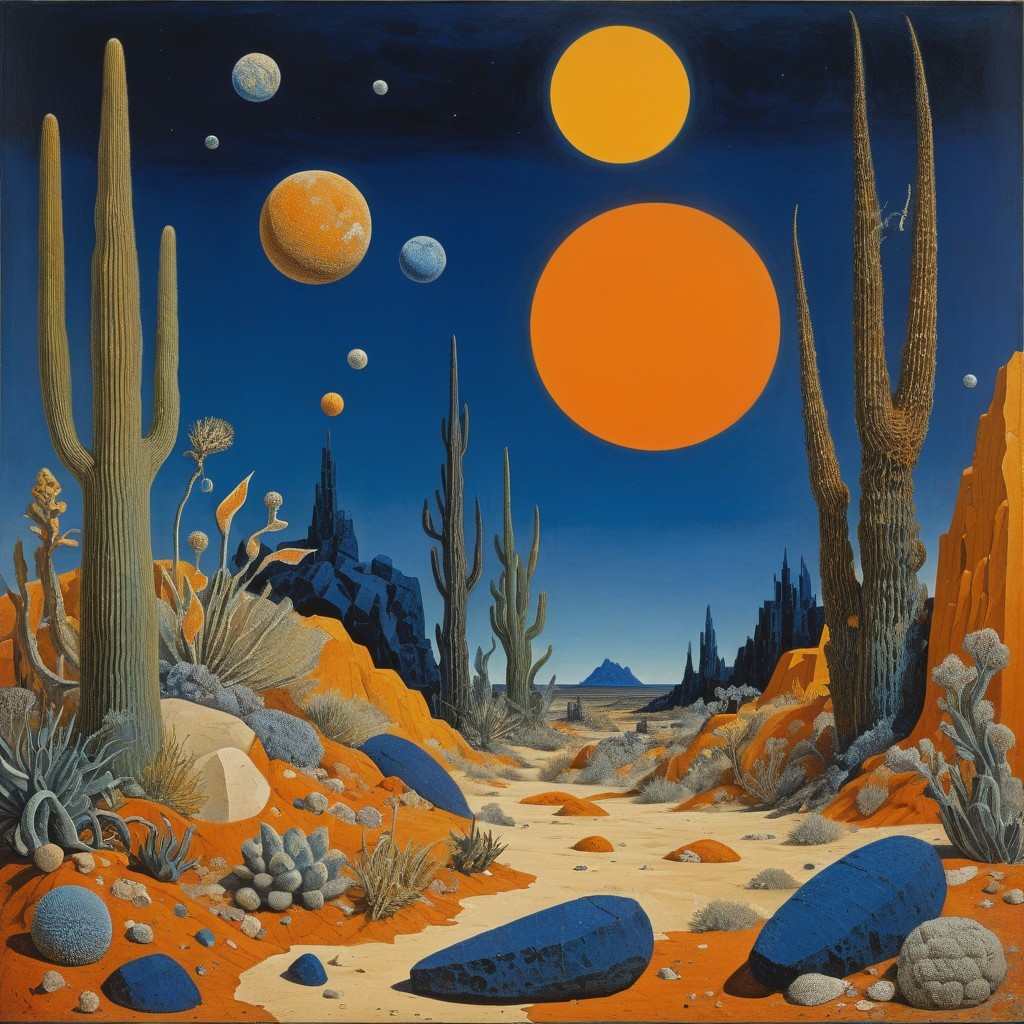 Surreal Desert Landscape with Cosmic Sky and Suns