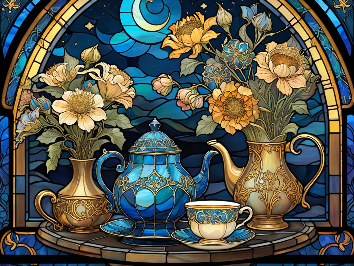 Vibrant Stained Glass Artwork of Teapot and Flowers