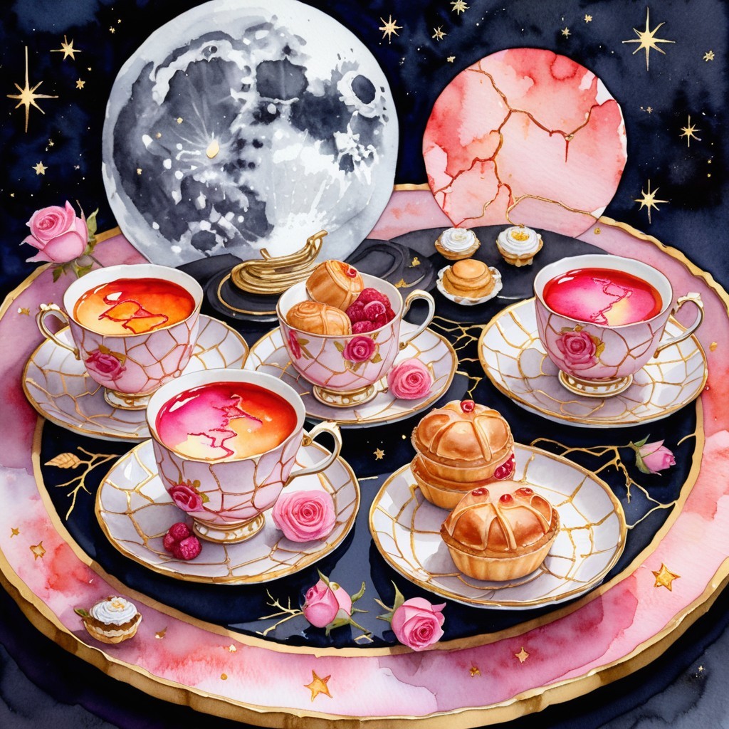 Whimsical Tea Setting with Porcelain Cups and Pastries