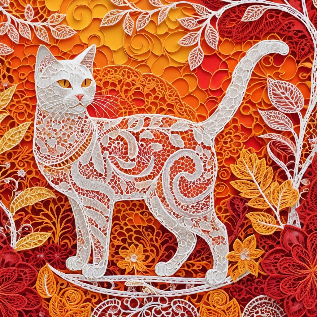 Intricate Paper-Cut Cat Artwork on Vibrant Background