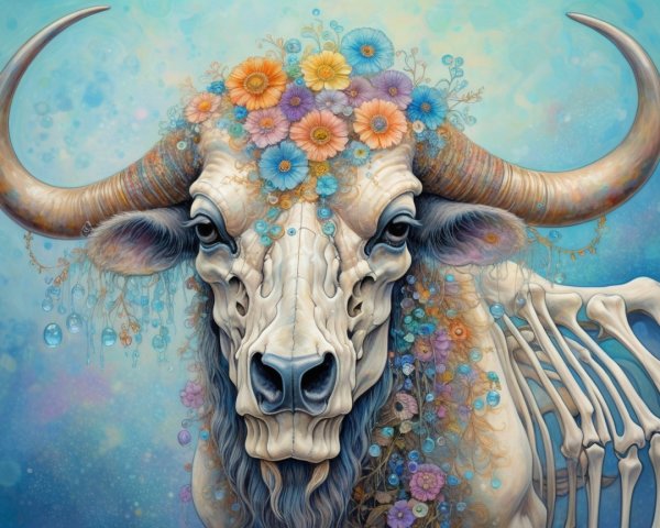 Bull Skull Decorated with Flowers and Vines