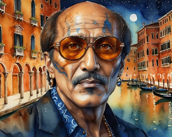 Man with Tattoos and Sunglasses in Venetian Setting