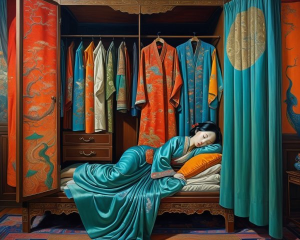 Serene Bedroom Scene with Colorful Traditional Robes