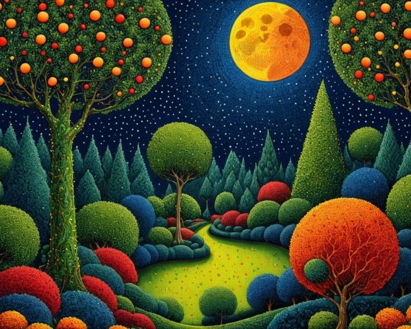 Whimsical Landscape with Colorful Trees and Moonlight