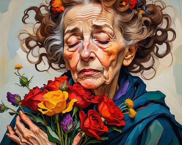 Elderly Woman Holding Vibrant Bouquet of Roses