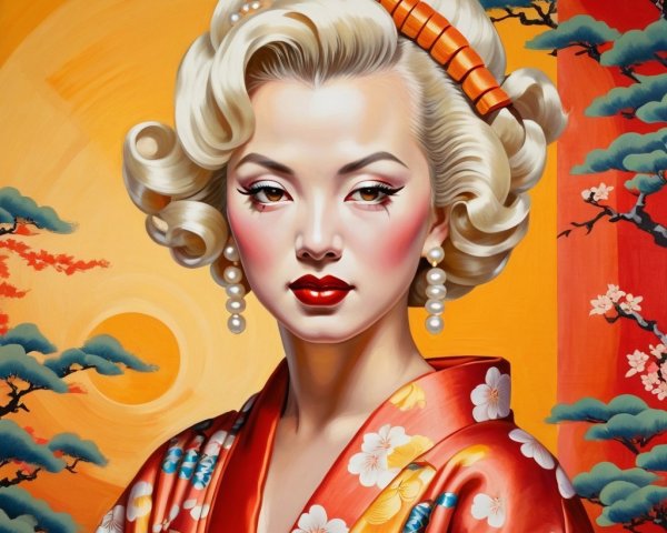 Elegant Woman in Floral Kimono with Glamorous Hair