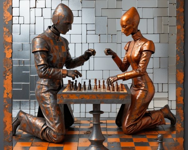 Metallic Humanoids Playing Chess in Futuristic Setting