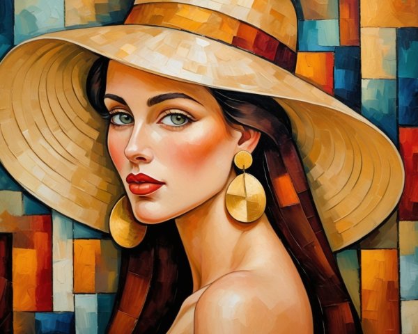 Portrait of a Woman with Straw Hat and Geometric Background