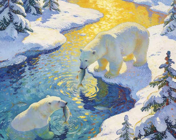 Polar Bears Fishing in a Snowy Boreal Forest River
